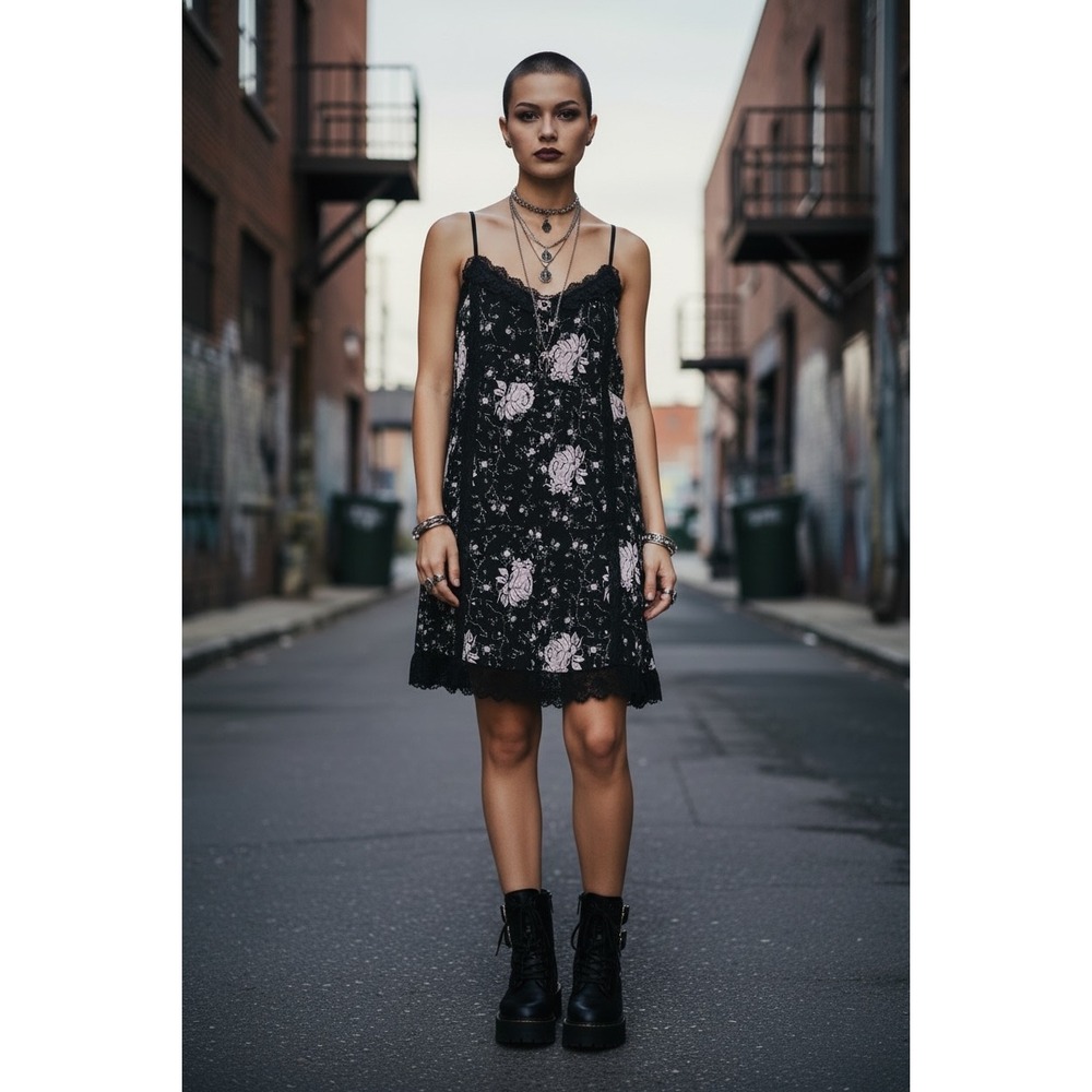 VTG Nolita Floral Slip Dress Large Black Cream Lace Trim Grunge Whimsigoth Mini